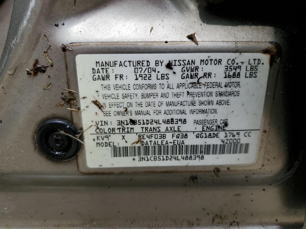 2004 Nissan Sentra 1.8 VIN: 3N1CB51D24L488398 Lot: 59365975