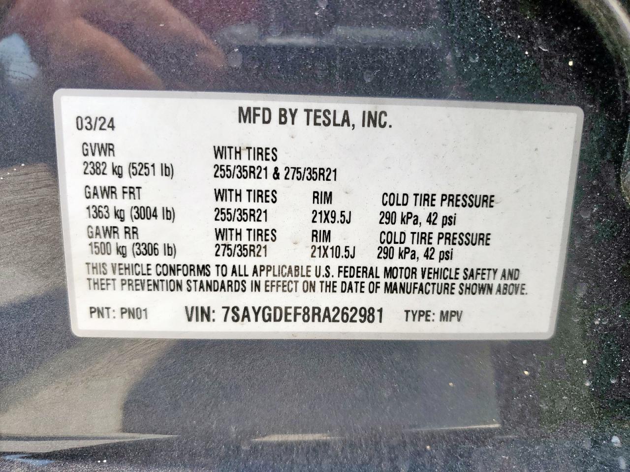 2024 Tesla Model Y VIN: 7SAYGDEF8RA262981 Lot: 60900865