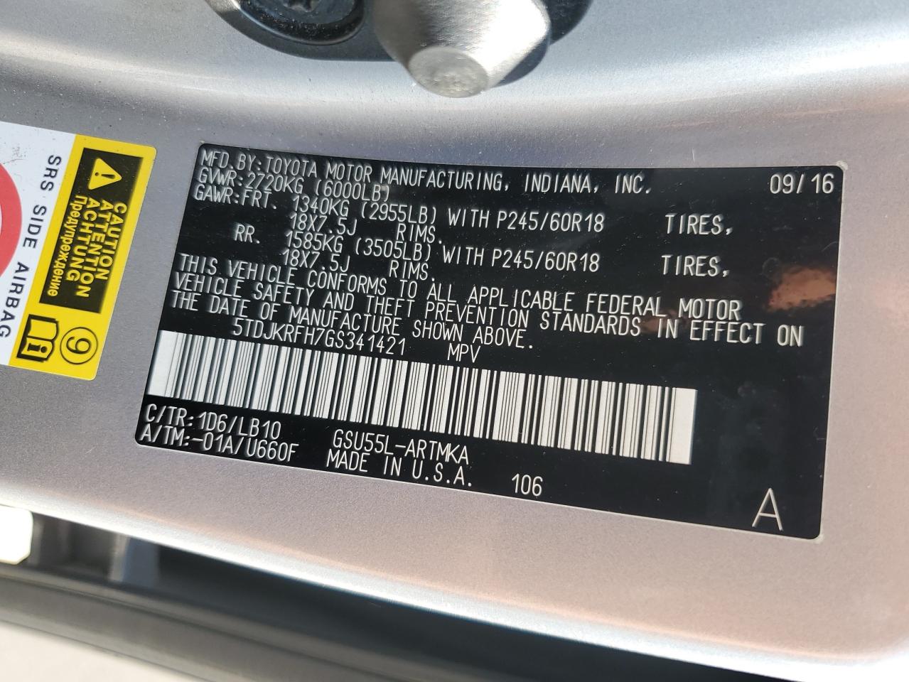 TOYOTA HIGHLANDER 2016 VIN 5TDJKRFH7GS341421 photo 14