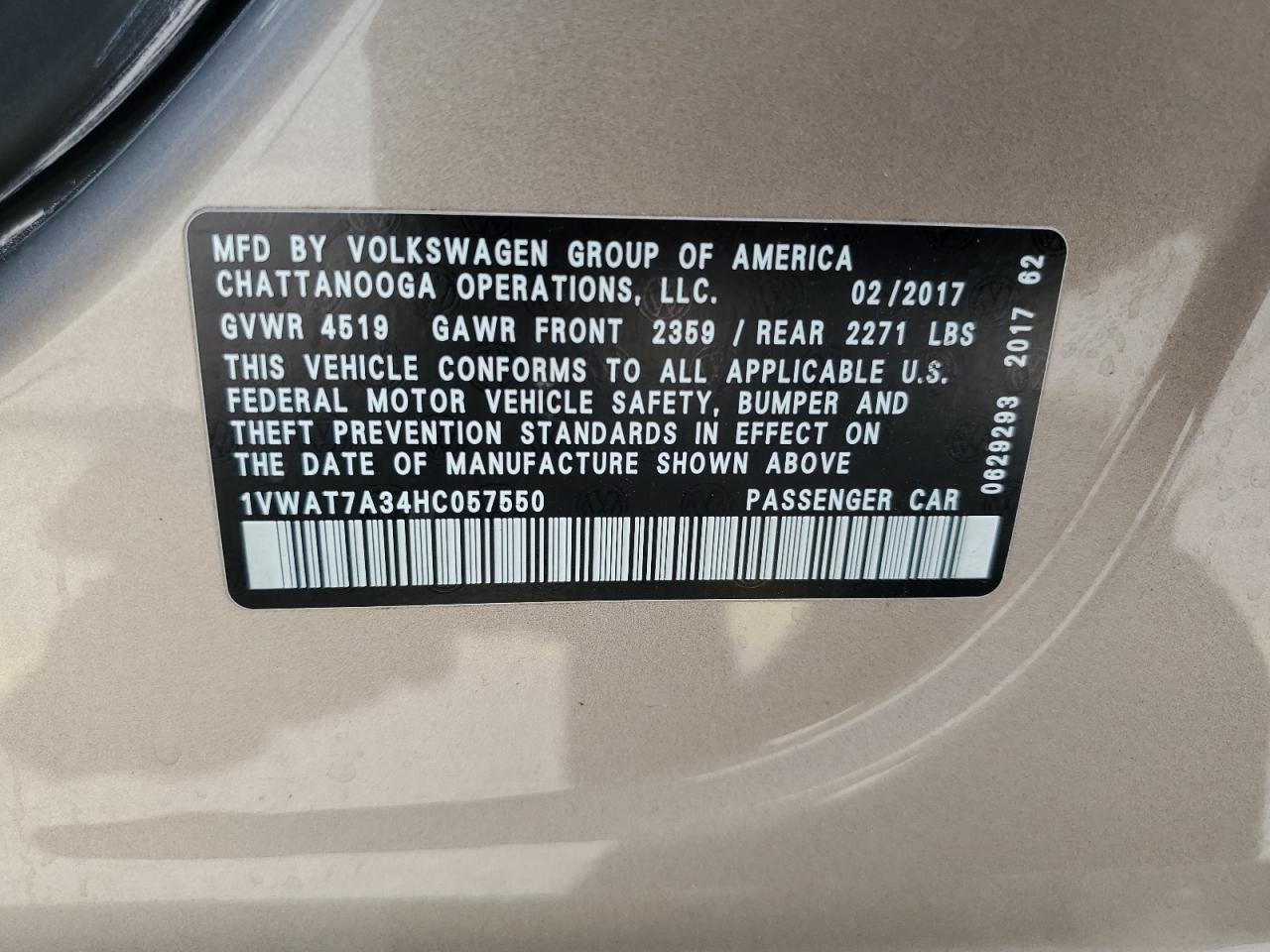 2017 Volkswagen Passat S VIN: 1VWAT7A34HC057550 Lot: 62772115