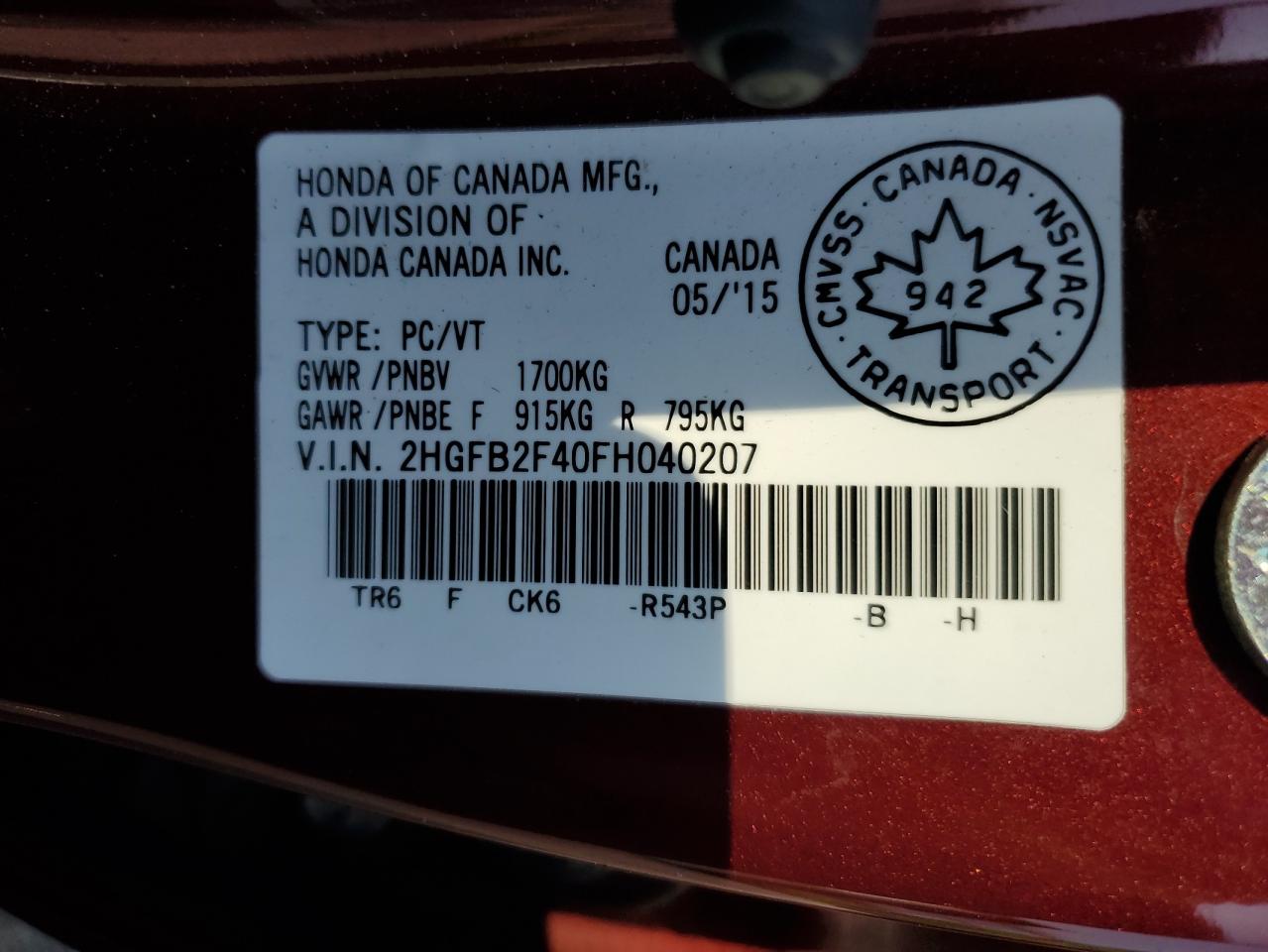 2015 Honda Civic Lx VIN: 2HGFB2F40FH040207 Lot: 60374315