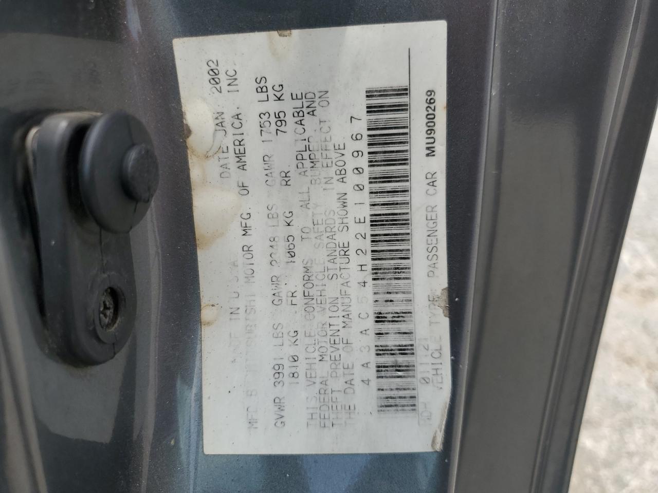 2002 Mitsubishi Eclipse Gt VIN: 4A3AC54H22E100967 Lot: 59558805