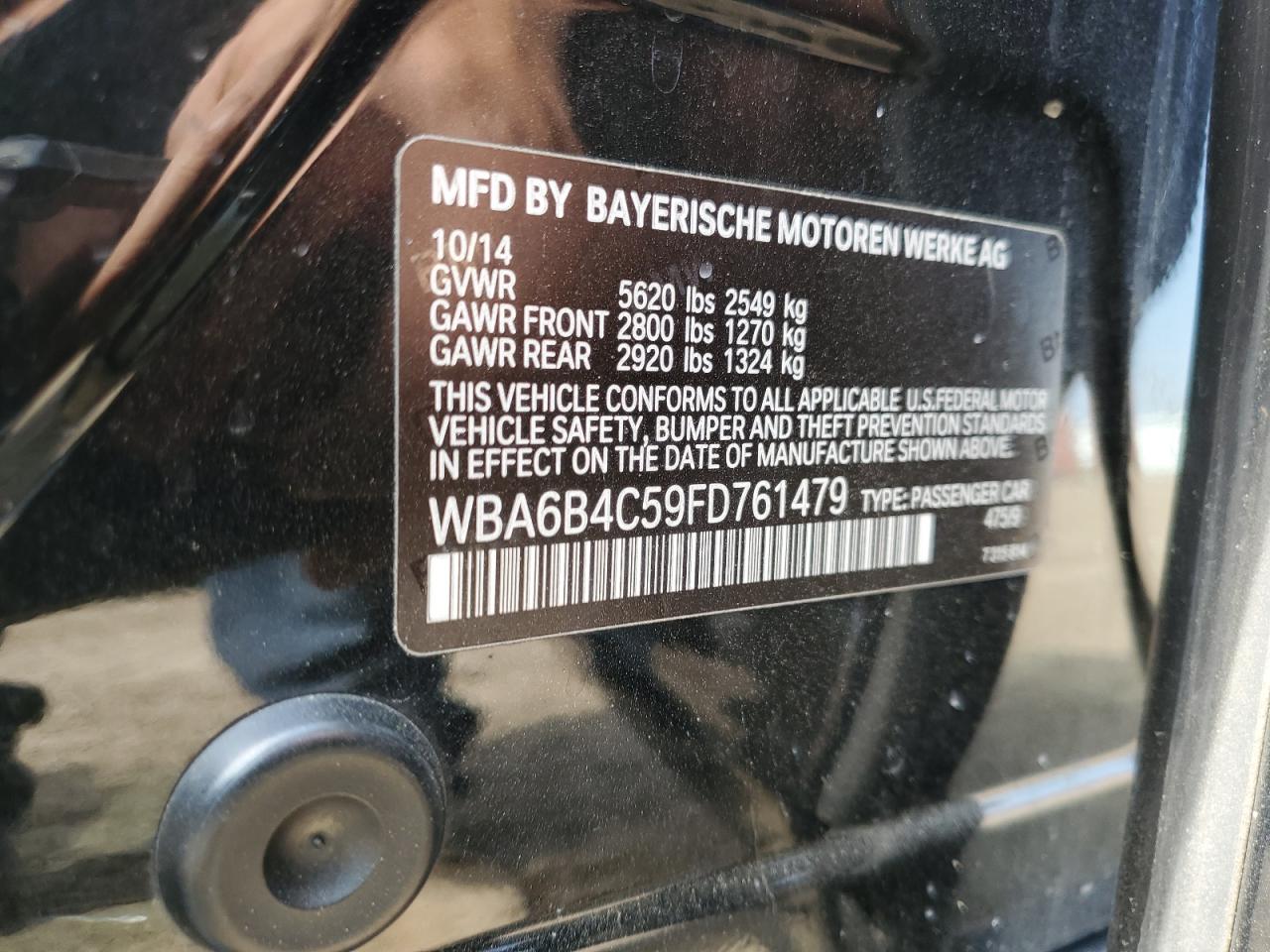 2015 BMW 650 Xi Gran Coupe VIN: WBA6B4C59FD761479 Lot: 59558555