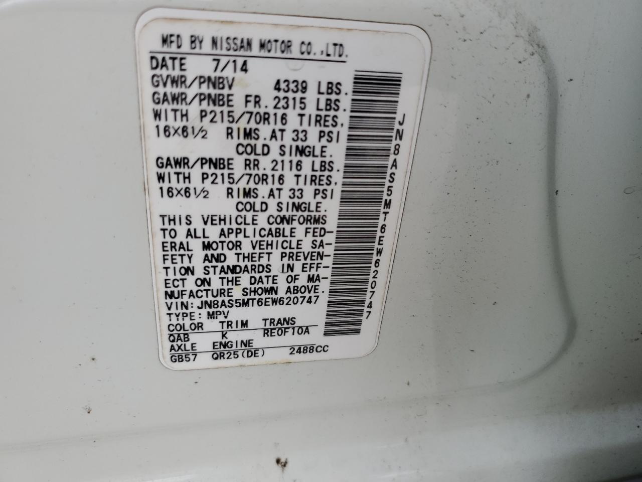 NISSAN ROGUE 2014 VIN JN8AS5MT6EW620747 zdjęcie 14