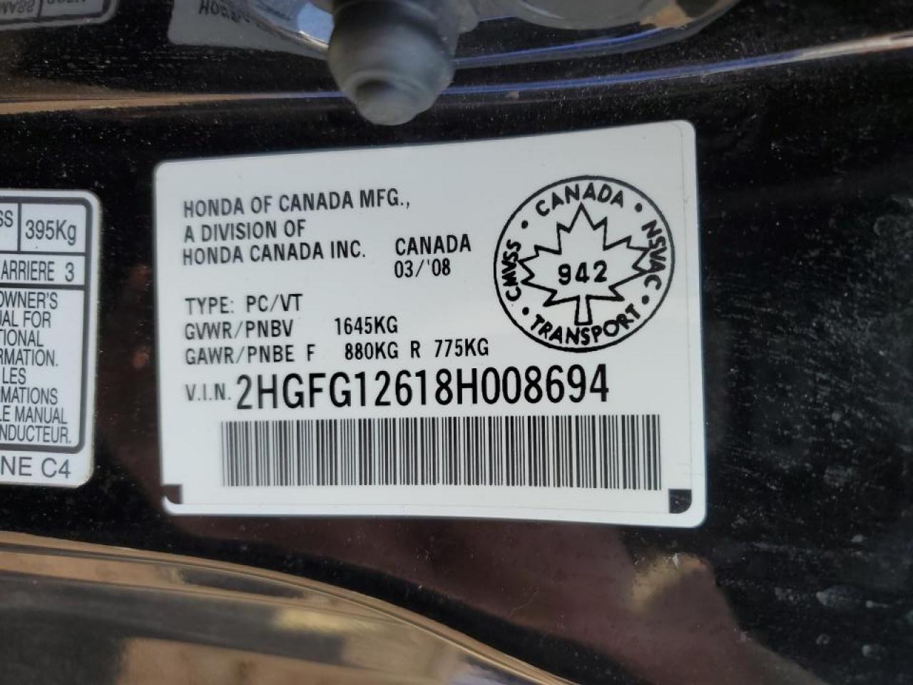 2008 Honda Civic Lx VIN: 2HGFG12618H008694 Lot: 59511135