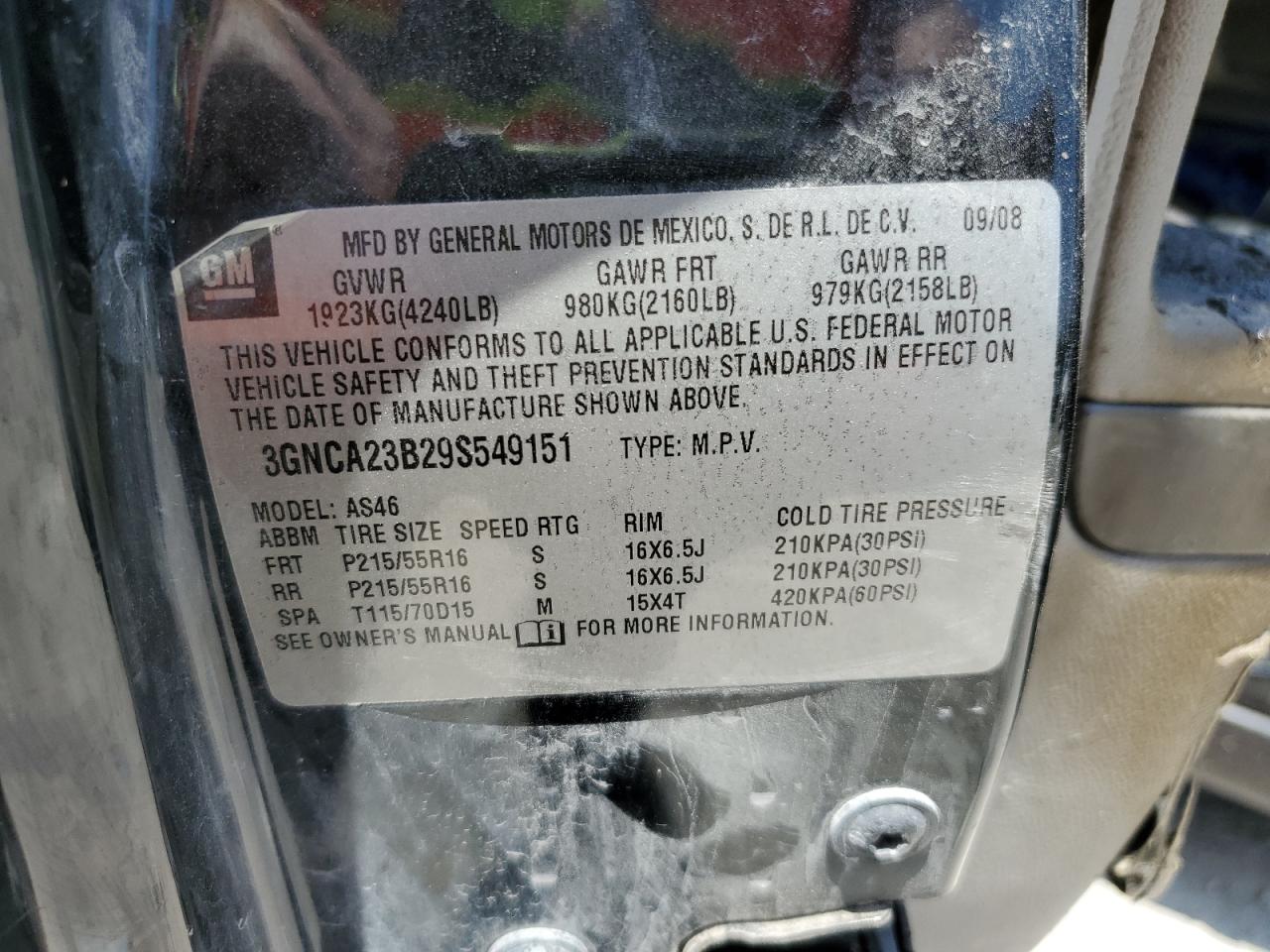 3gnca23b29s549151 3GNCA23B29S549151 2009 Chevrolet Hhr Lt