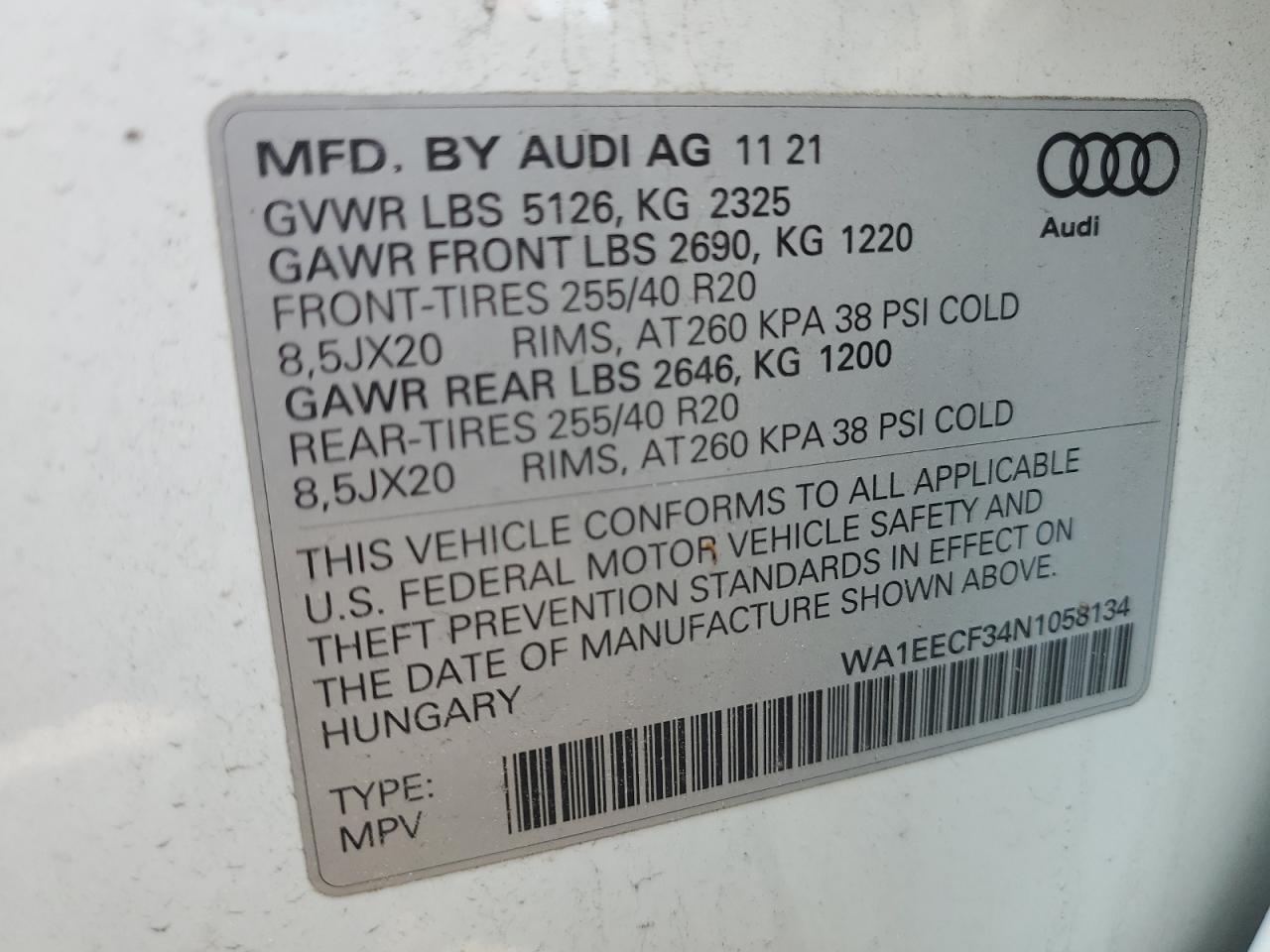 2022 Audi Q3 Premium Plus S Line 45 VIN: WA1EECF34N1058134 Lot: 58793655