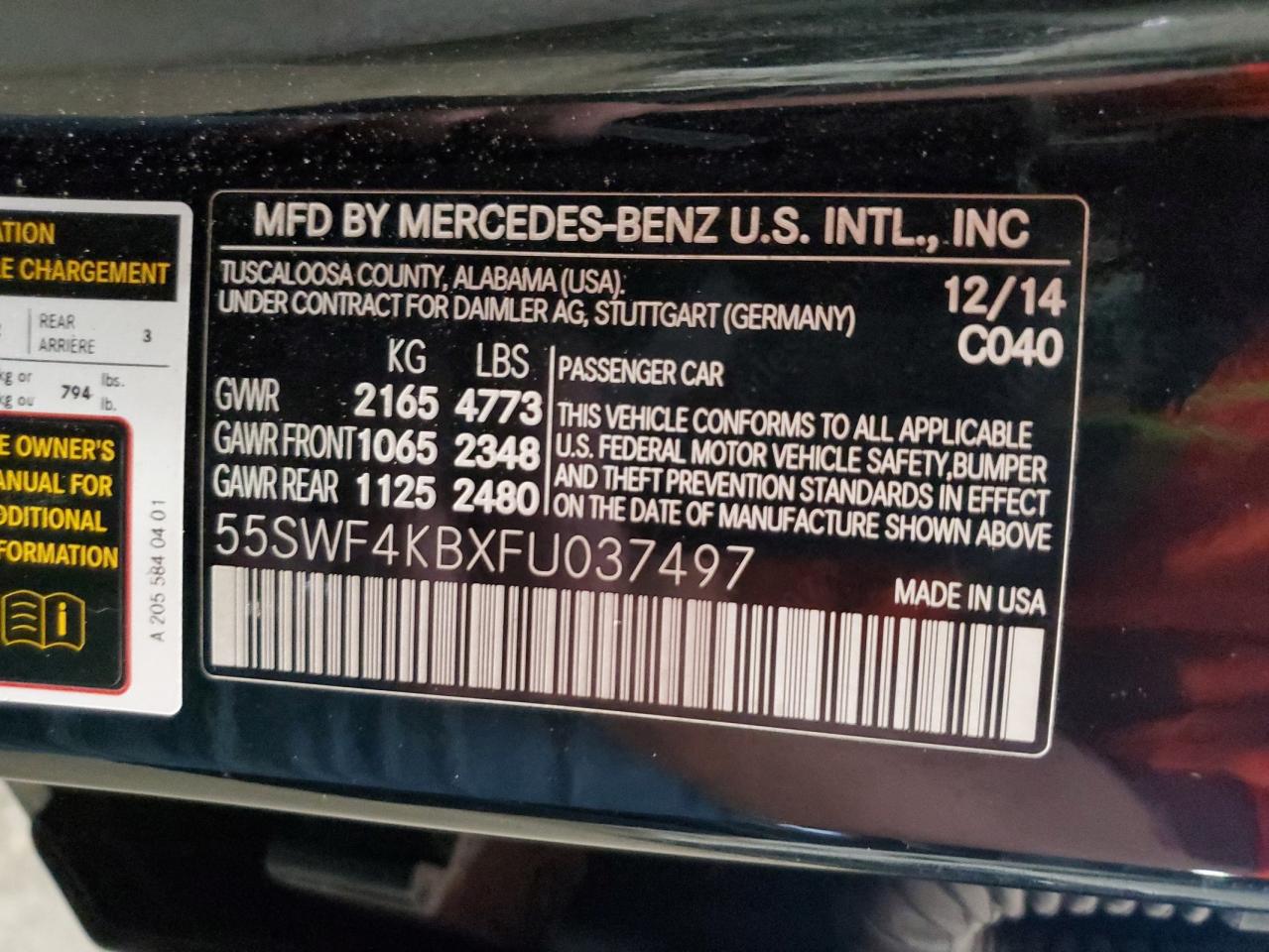 2015 Mercedes-Benz C 300 4Matic VIN: 55SWF4KBXFU037497 Lot: 61042285