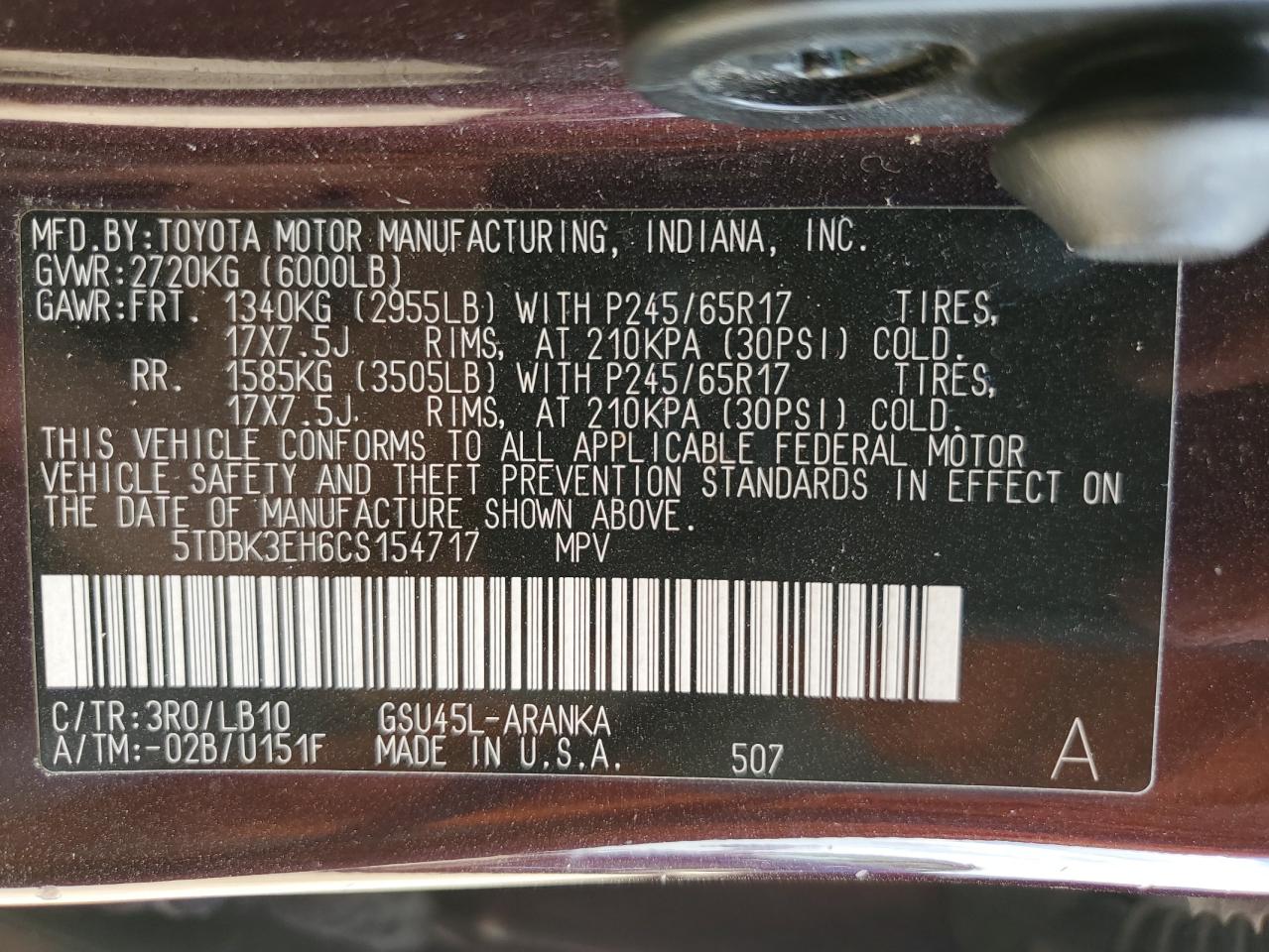 2012 Toyota Highlander Base VIN: 5TDBK3EH6CS154717 Lot: 62425315