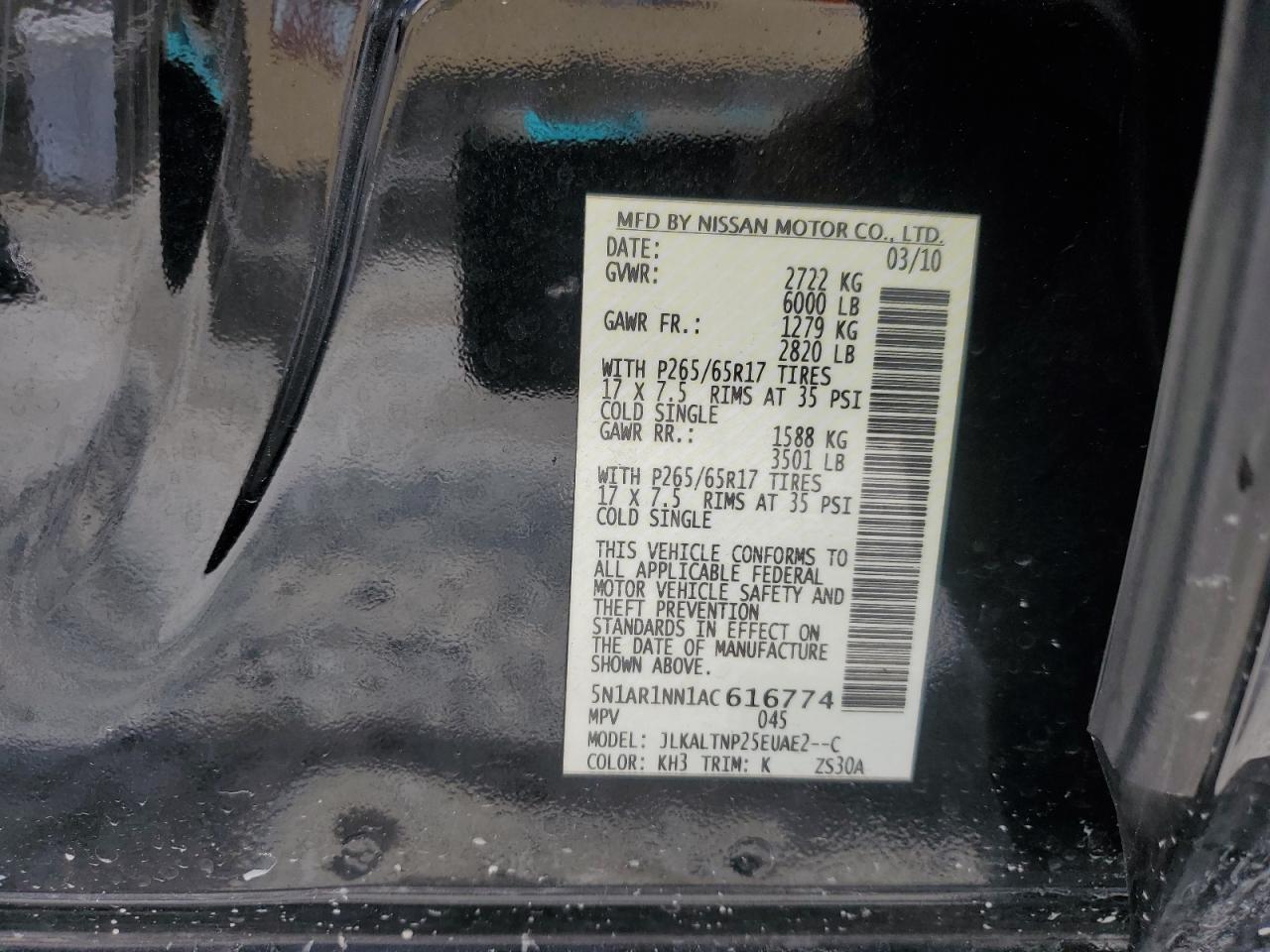 2010 Nissan Pathfinder S VIN: 5N1AR1NN1AC616774 Lot: 62059785