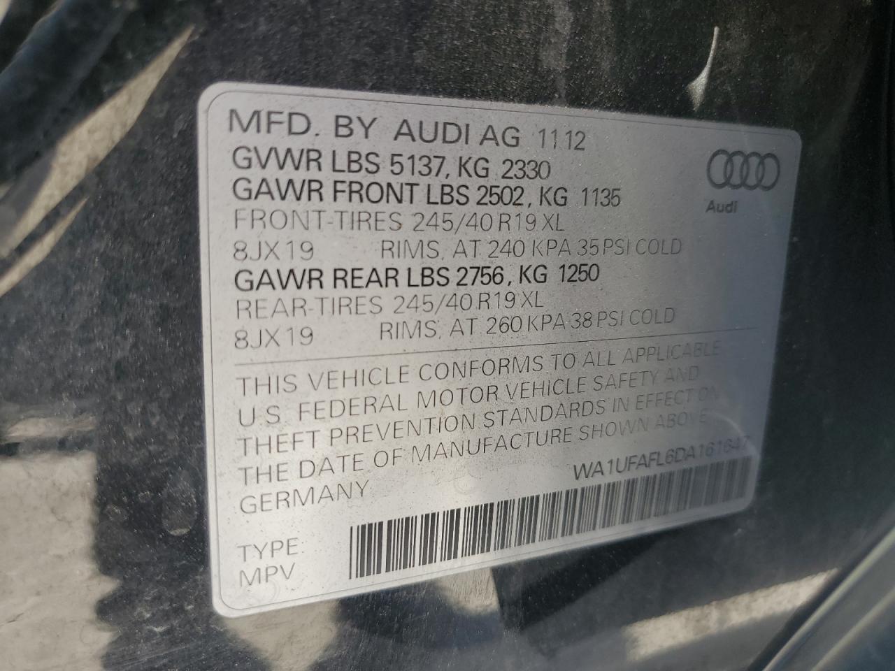 2013 Audi A4 Allroad Premium Plus VIN: WA1UFAFL6DA161647 Lot: 63060905