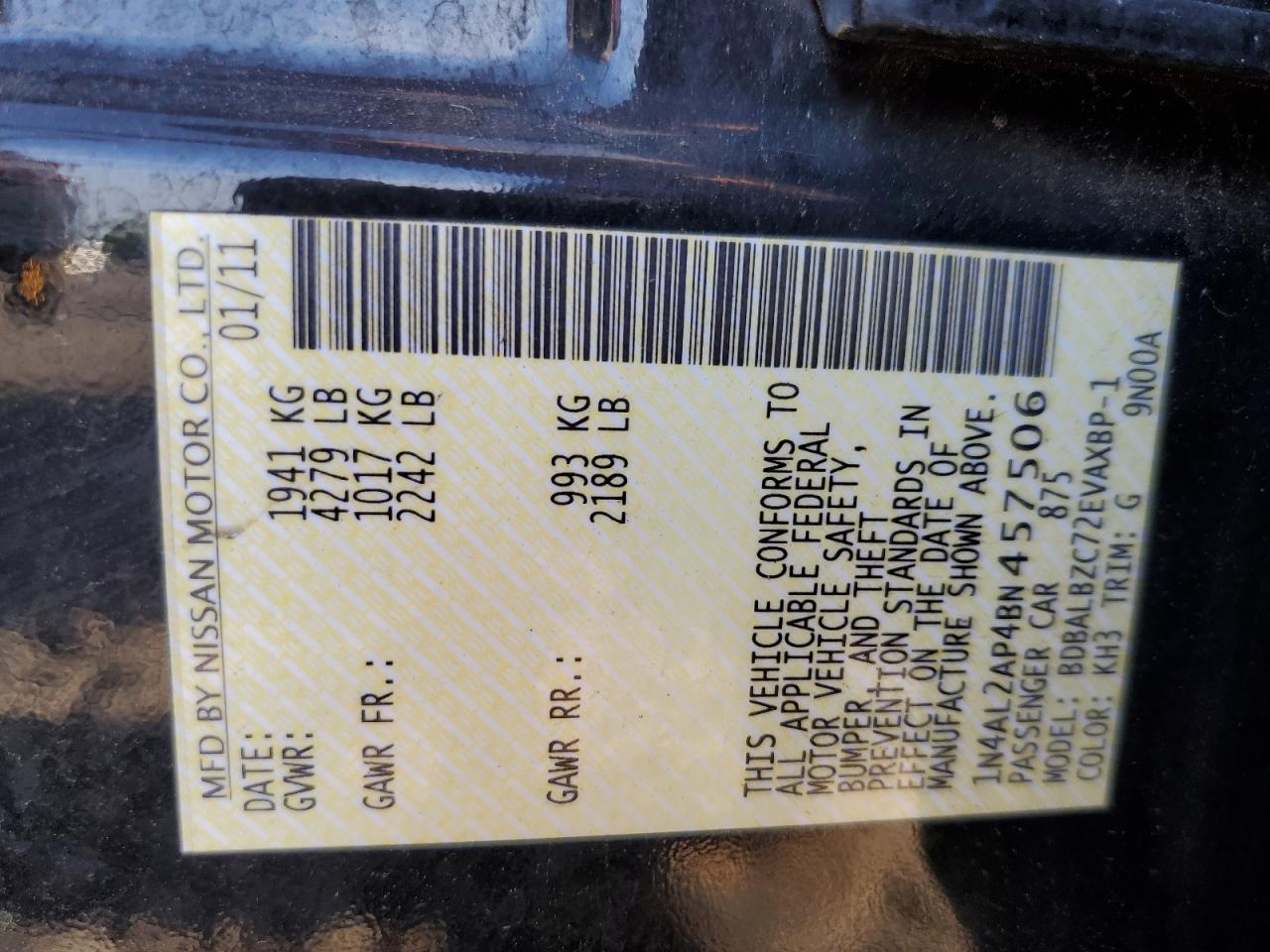 2011 Nissan Altima Base VIN: 1N4AL2AP4BN457506 Lot: 61591715