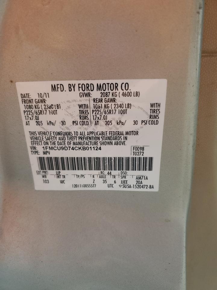 2012 Ford Escape Xlt VIN: 1FMCU9D74CKB01124 Lot: 61617345