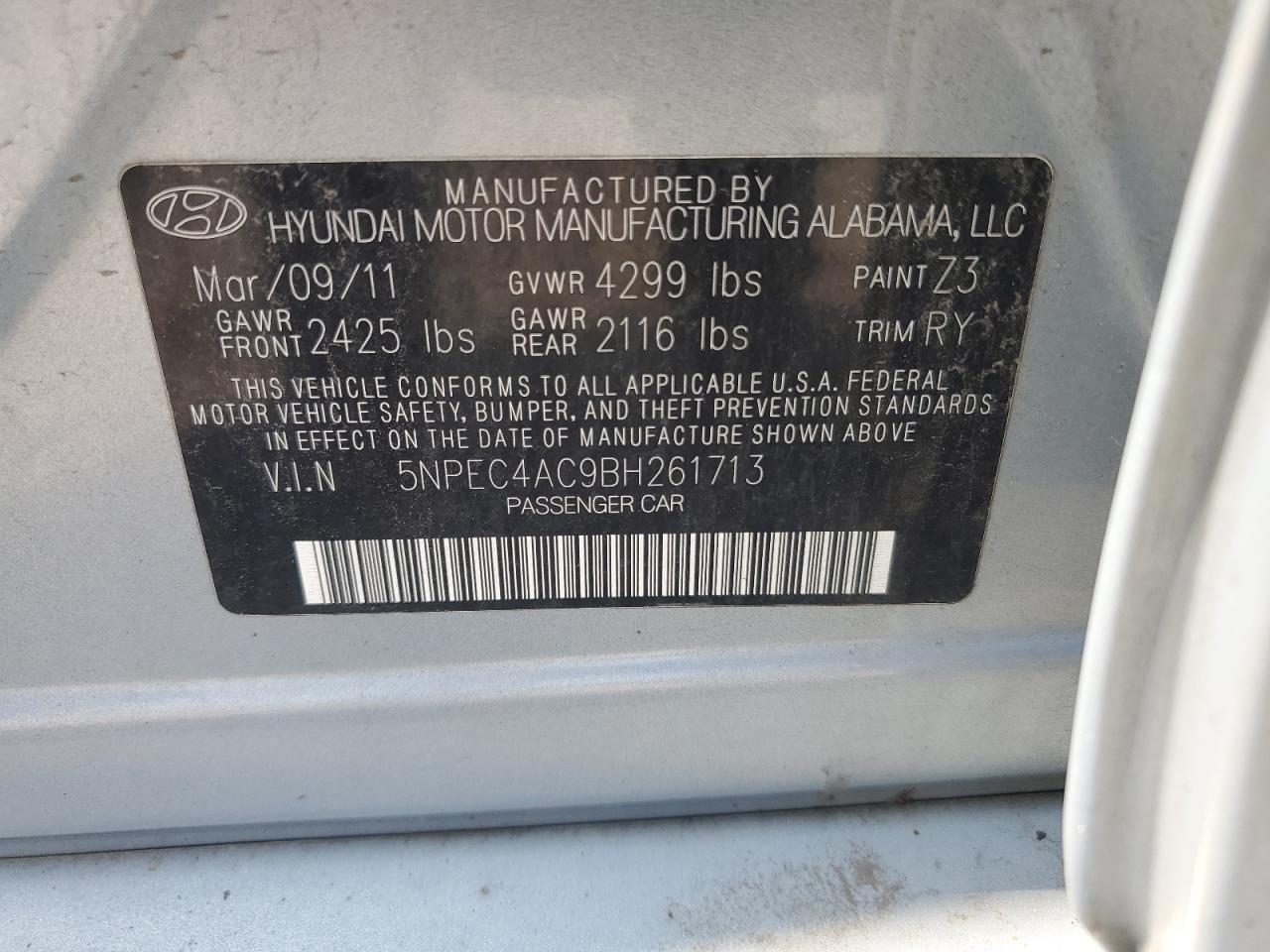 2011 Hyundai Sonata Se VIN: 5NPEC4AC9BH261713 Lot: 62540015