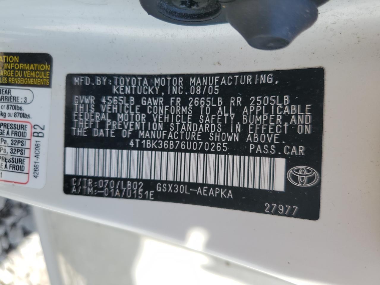 2006 Toyota Avalon Xl VIN: 4T1BK36B76U070265 Lot: 62399895