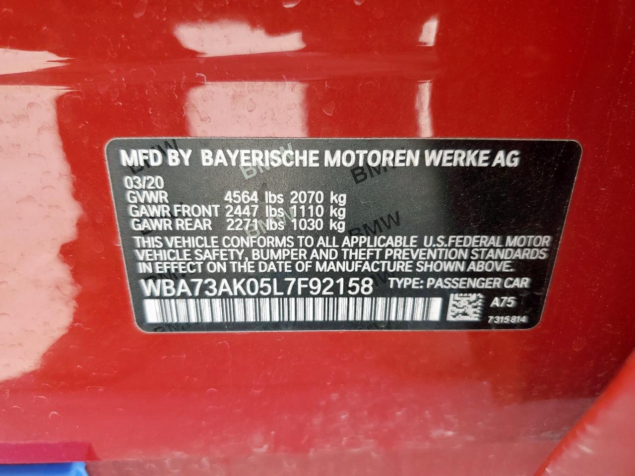 2020 BMW 228Xi VIN: WBA73AK05L7F92158 Lot: 62458825