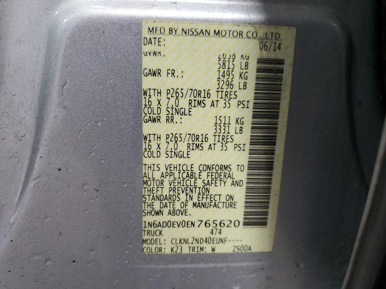 NISSAN FRONTIER 2014 VIN 1N6AD0EV0EN765620 photo 12