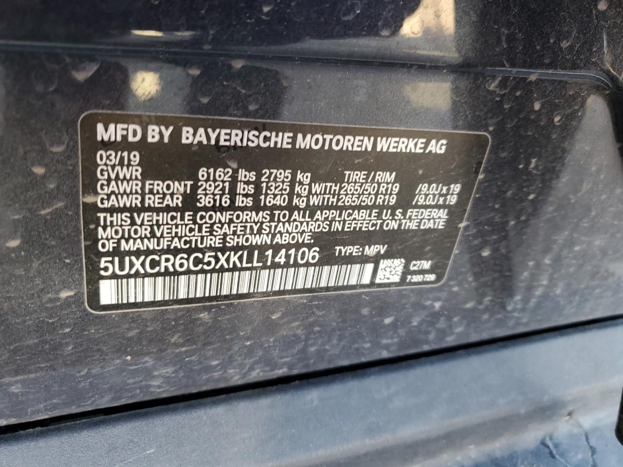 2019 BMW X5 xDrive40I VIN: 5UXCR6C5XKLL14106 Lot: 60523965
