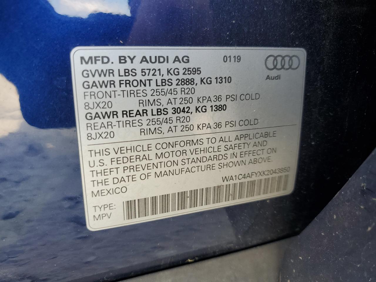 2019 Audi Sq5 Prestige VIN: WA1C4AFYXK2043850 Lot: 59830105