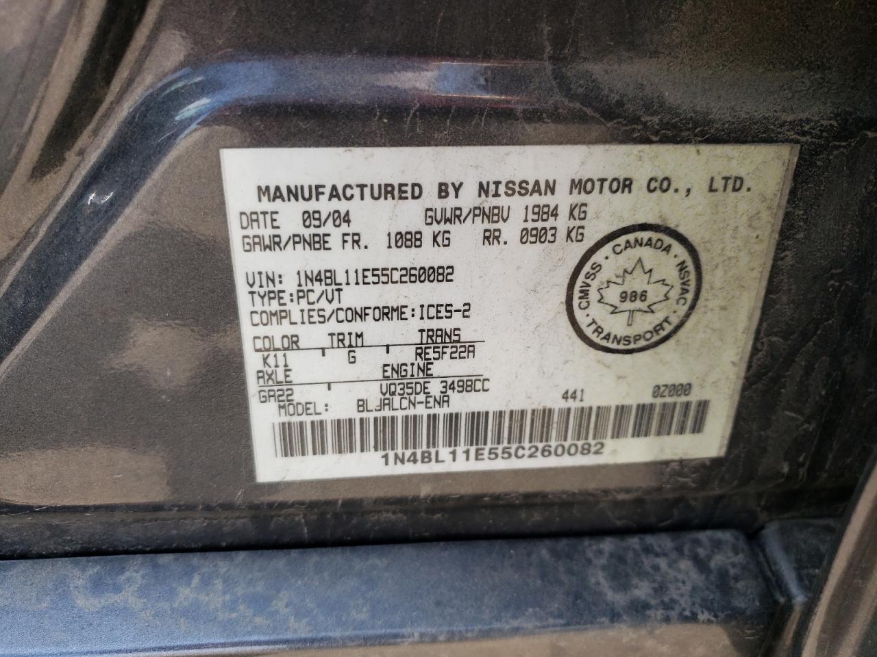 2005 Nissan Altima Se VIN: 1N4BL11E55C260082 Lot: 60320985
