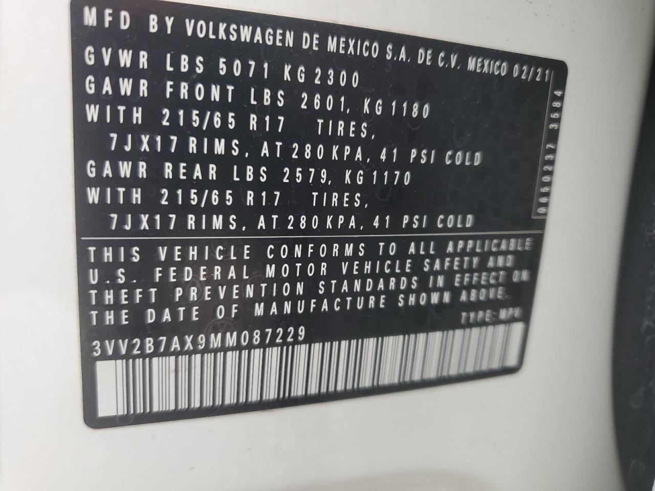 2021 Volkswagen Tiguan Se VIN: 3VV2B7AX9MM087229 Lot: 62650165