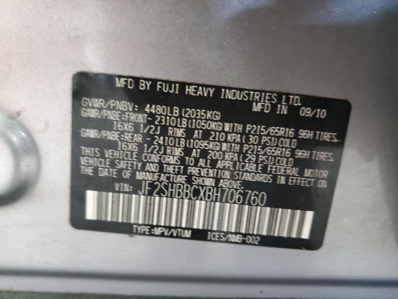 2011 Subaru Forester 2.5X VIN: JF2SHBBCXBH706760 Lot: 60018265