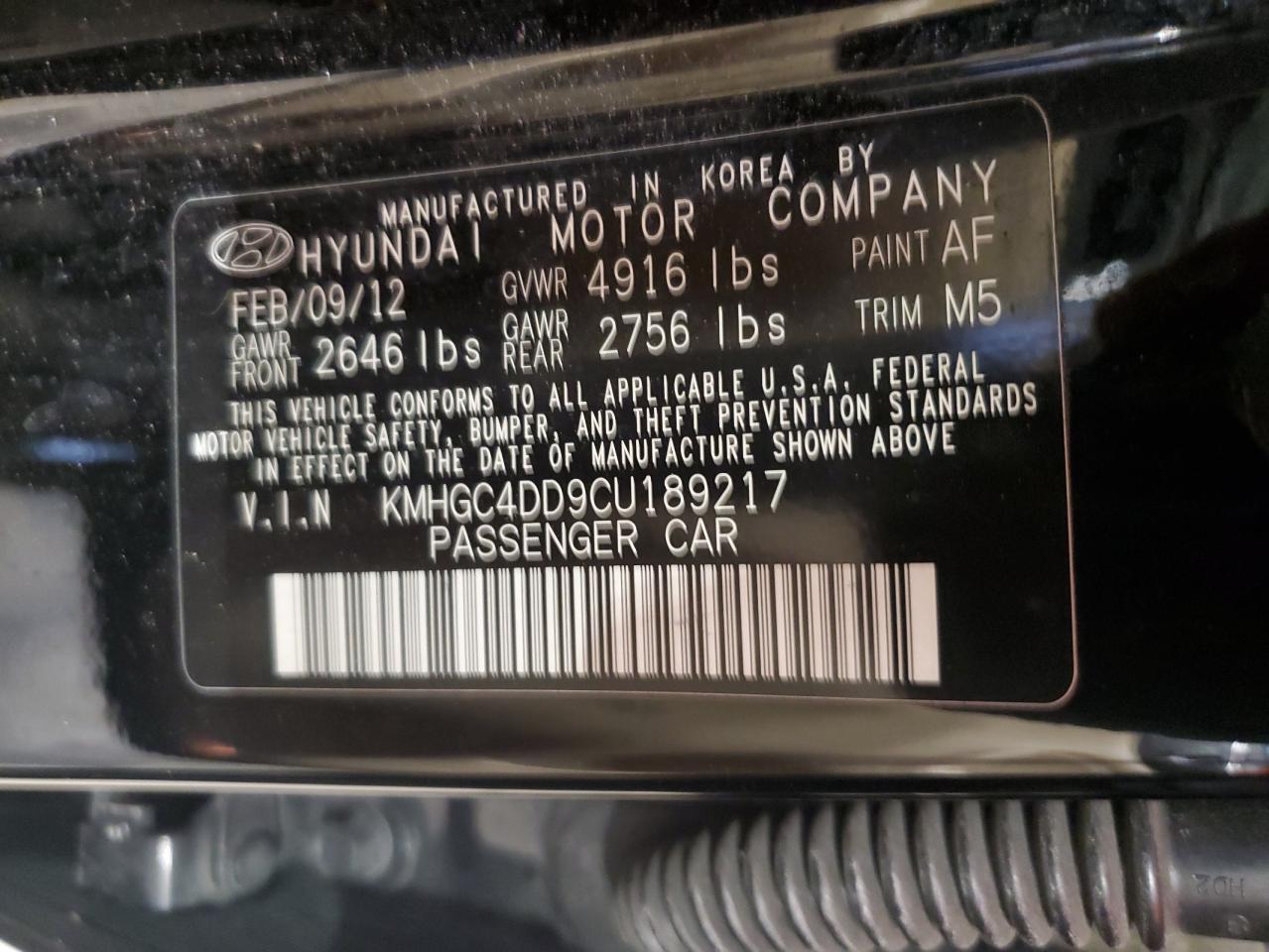 2012 Hyundai Genesis 3.8L VIN: KMHGC4DD9CU189217 Lot: 59030815