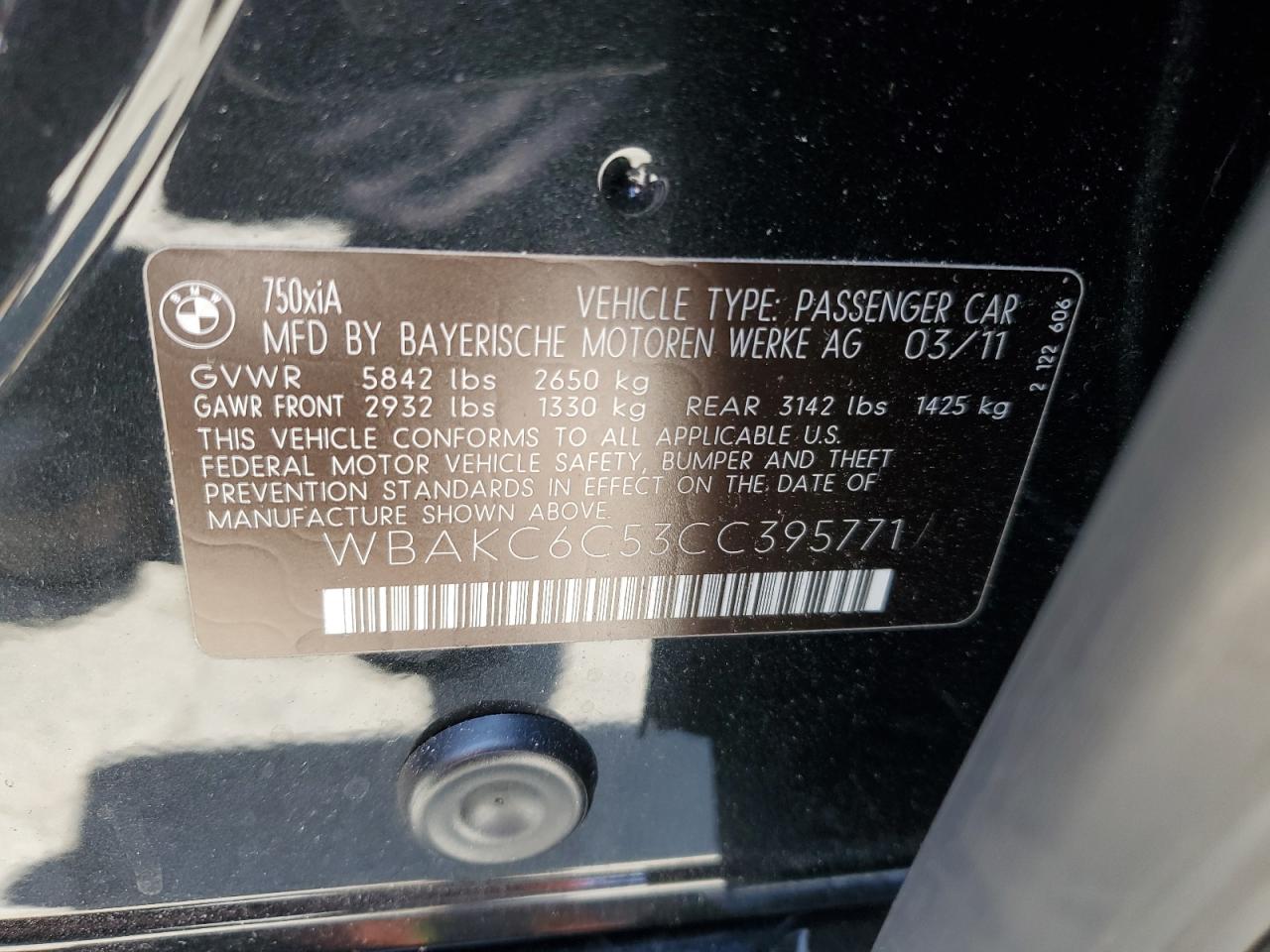 2012 BMW 750 Xi VIN: WBAKC6C53CC395771 Lot: 58815745