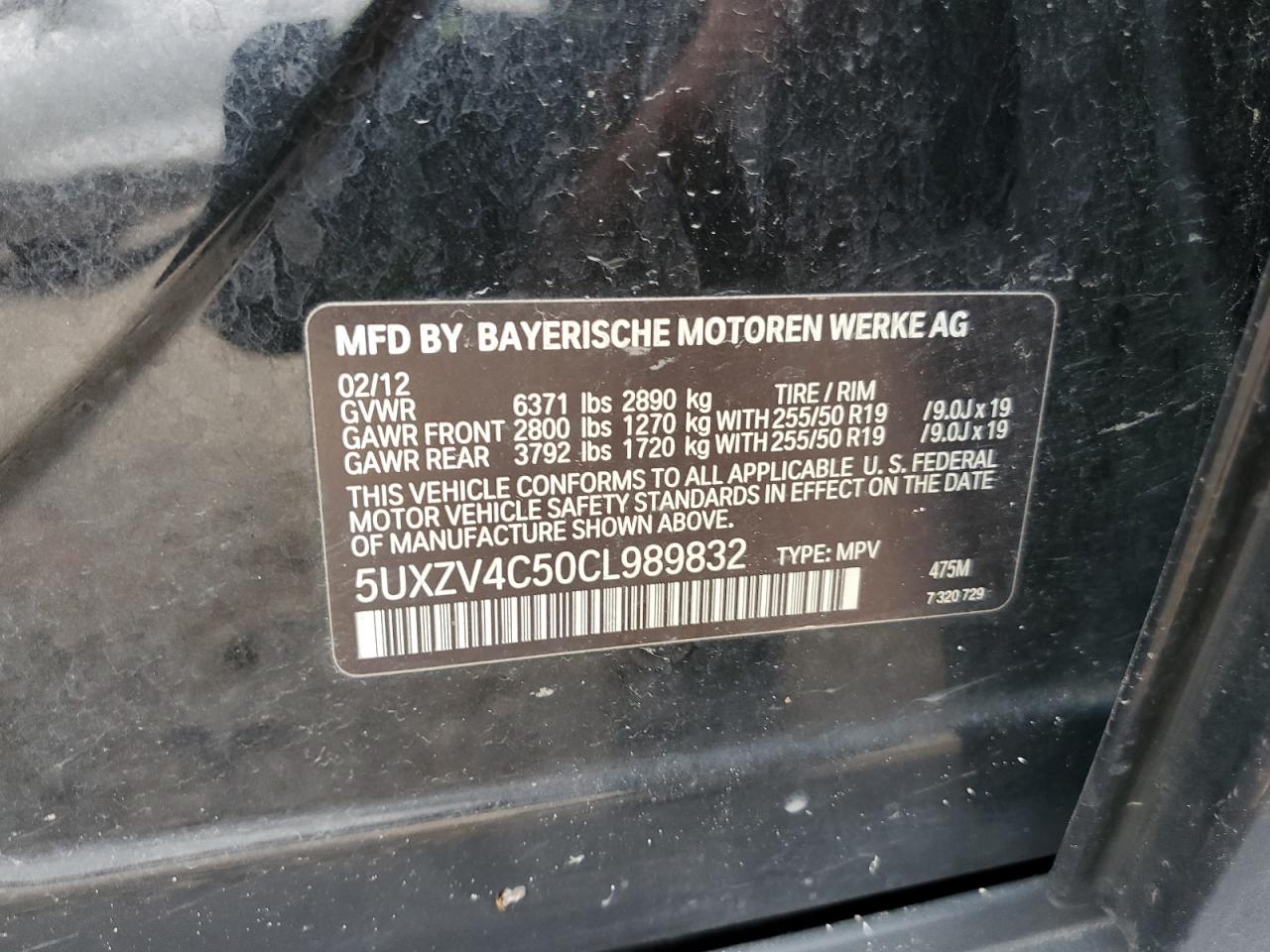 2012 BMW X5 xDrive35I VIN: 5UXZV4C50CL989832 Lot: 62606485