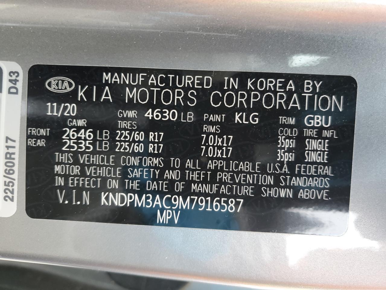 2021 Kia Sportage Lx VIN: KNDPM3AC9M7916587 Lot: 60460425