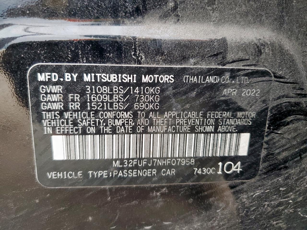 2022 Mitsubishi Mirage G4 Es VIN: ML32FUFJ7NHF07958 Lot: 62107335