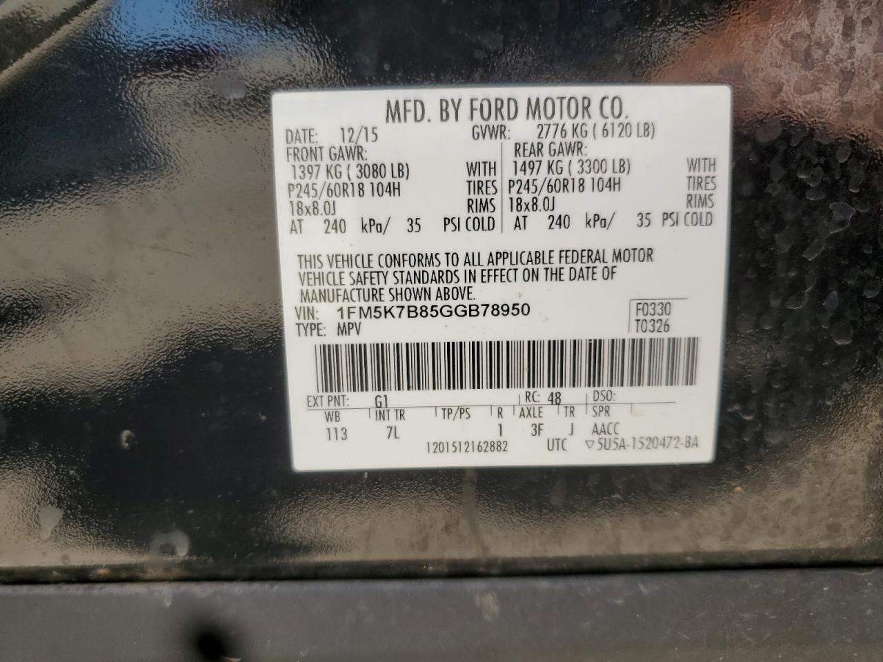 2016 Ford Explorer VIN: 1FM5K7B85GGB78950 Lot: 61942205