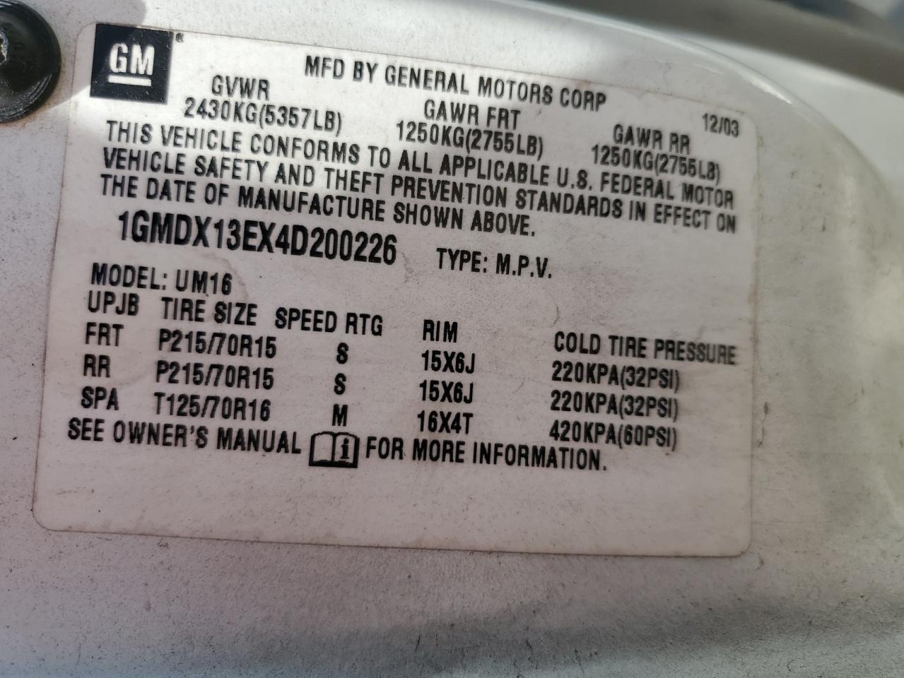 2004 Pontiac Montana Luxury VIN: 1GMDX13EX4D200226 Lot: 61058175