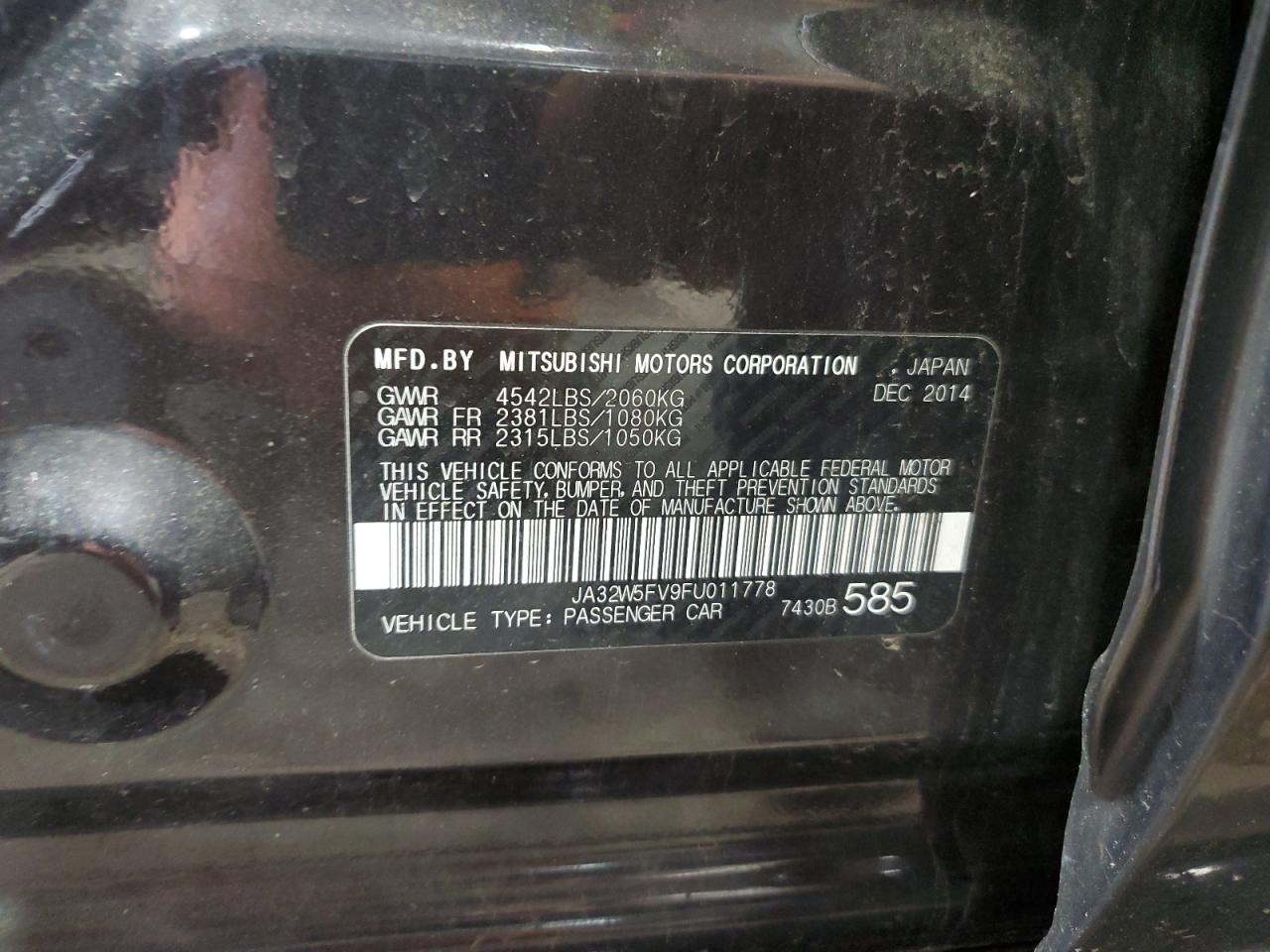 2015 Mitsubishi Lancer Evolution Mr VIN: JA32W5FV9FU011778 Lot: 59581905