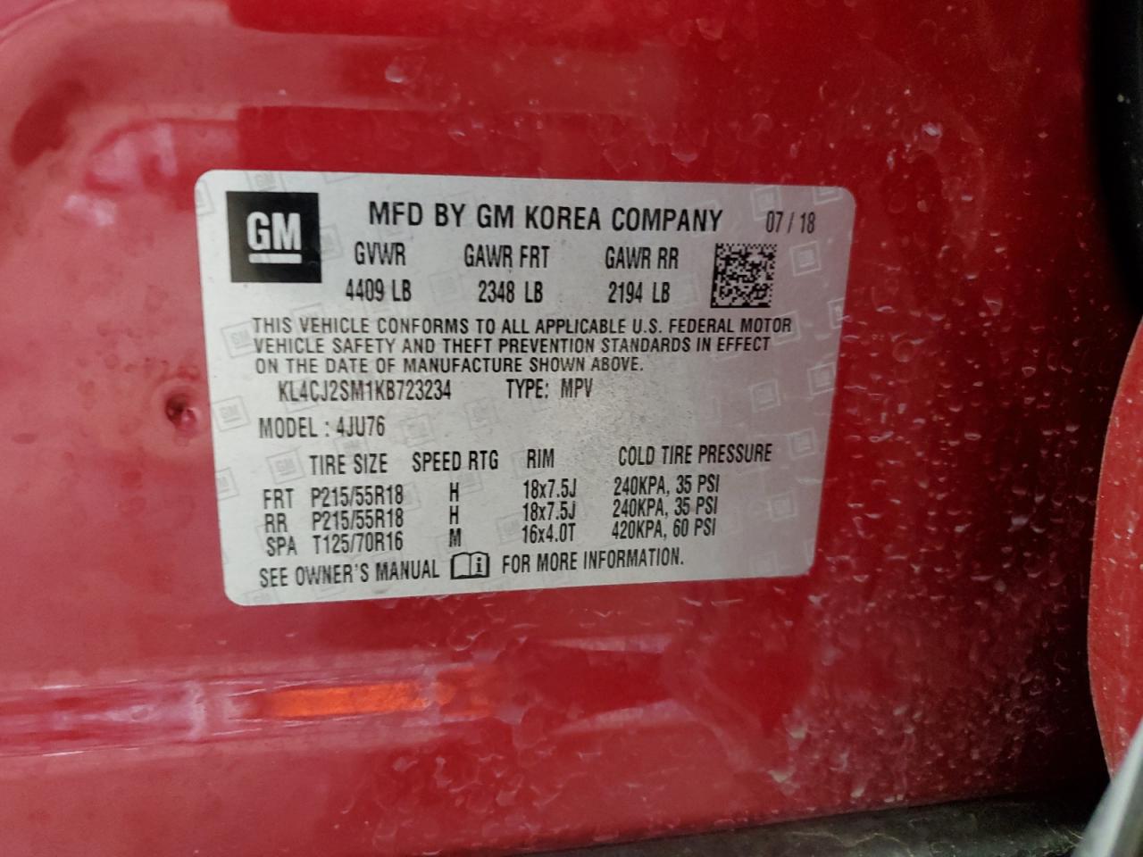 2019 Buick Encore Sport Touring VIN: KL4CJ2SM1KB723234 Lot: 58504975