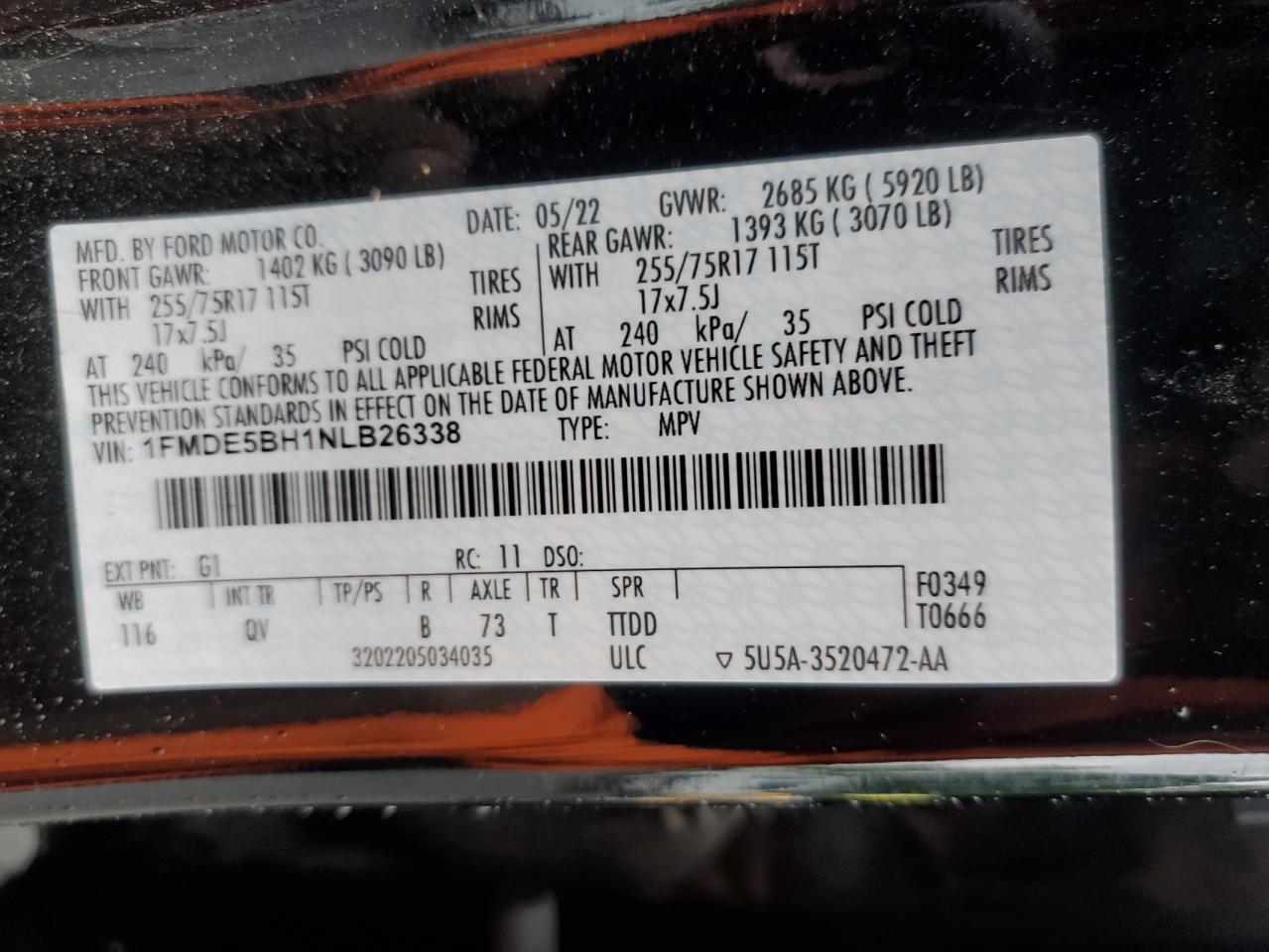 2022 Ford Bronco Base VIN: 1FMDE5BH1NLB26338 Lot: 62092815