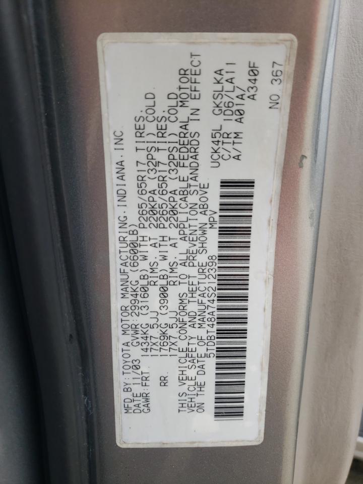 2004 Toyota Sequoia Limited VIN: 5TDBT48A74S212398 Lot: 62910745