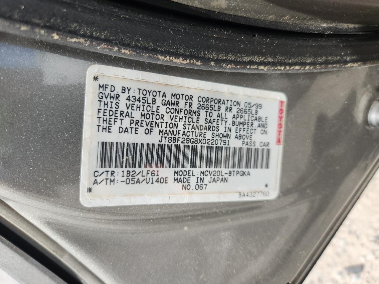 1999 Lexus Es 300 VIN: JT8BF28G8X0220791 Lot: 61610595