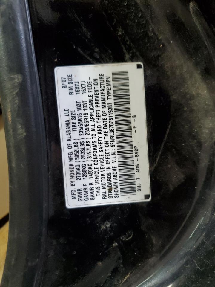 2007 Honda Odyssey Exl VIN: 5FNRL38707B119387 Lot: 62262505