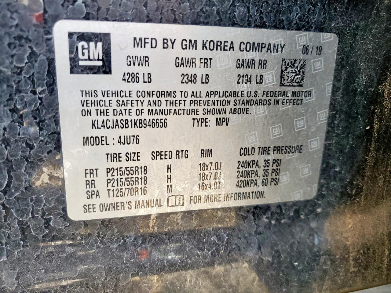 2019 Buick Encore Preferred VIN: KL4CJASB1KB946656 Lot: 61872125