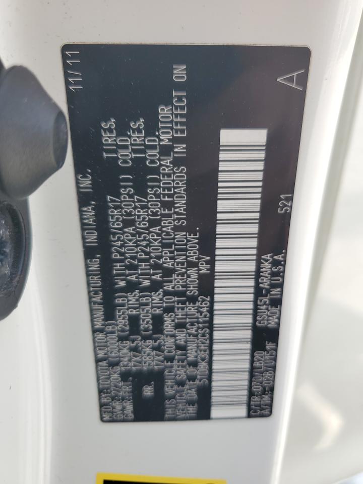 2012 Toyota Highlander Base VIN: 5TDBK3EH2CS115462 Lot: 61862035