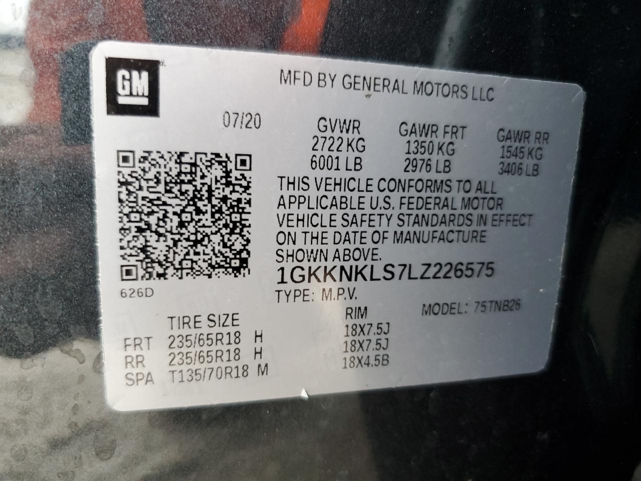 2020 GMC Acadia Sle VIN: 1GKKNKLS7LZ226575 Lot: 62781585