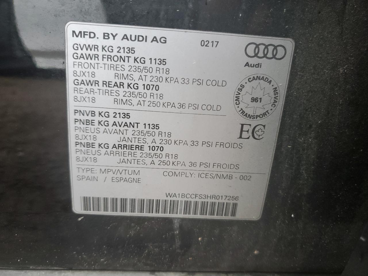 2017 Audi Q3 Premium VIN: WA1BCCFS3HR017256 Lot: 62328985