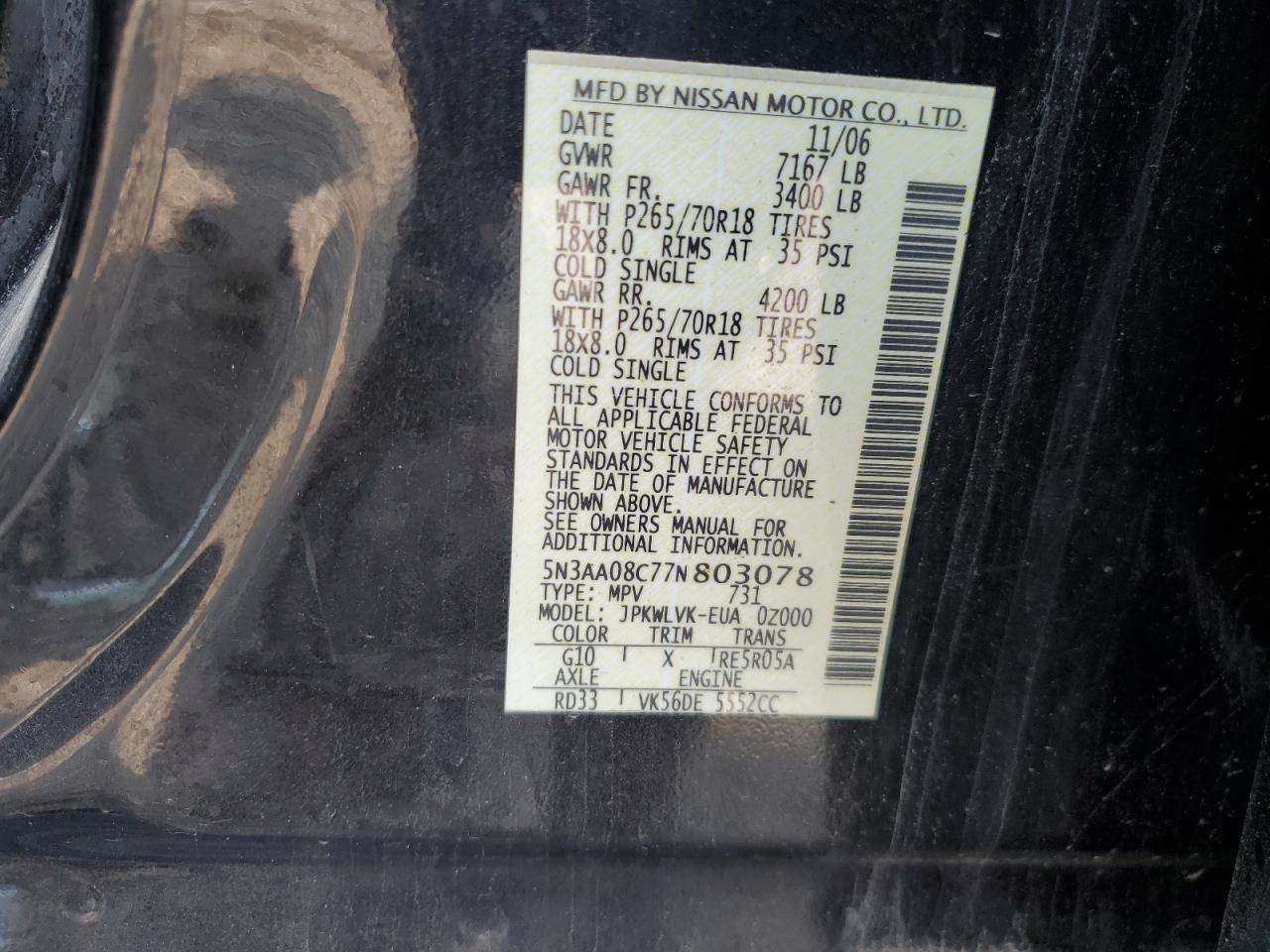 2007 Infiniti Qx56 VIN: 5N3AA08C77N803078 Lot: 59908915