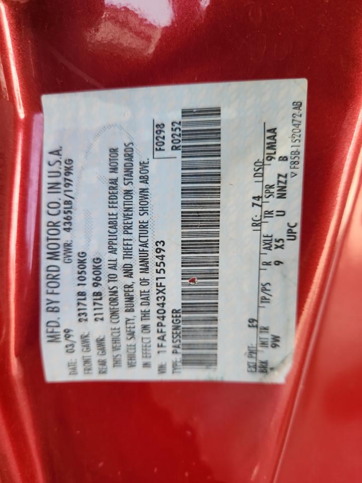 1999 Ford Mustang VIN: 1FAFP4043XF155493 Lot: 62666095
