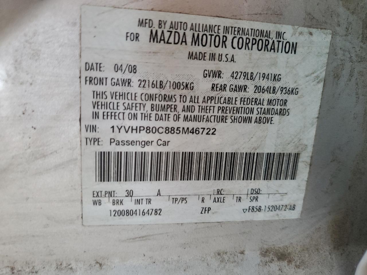 MAZDA 6 2008 VIN 1YVHP80C885M46722 фото 12