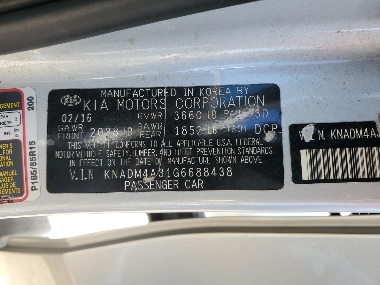 2016 Kia Rio Lx VIN: KNADM4A31G6688438 Lot: 62024005