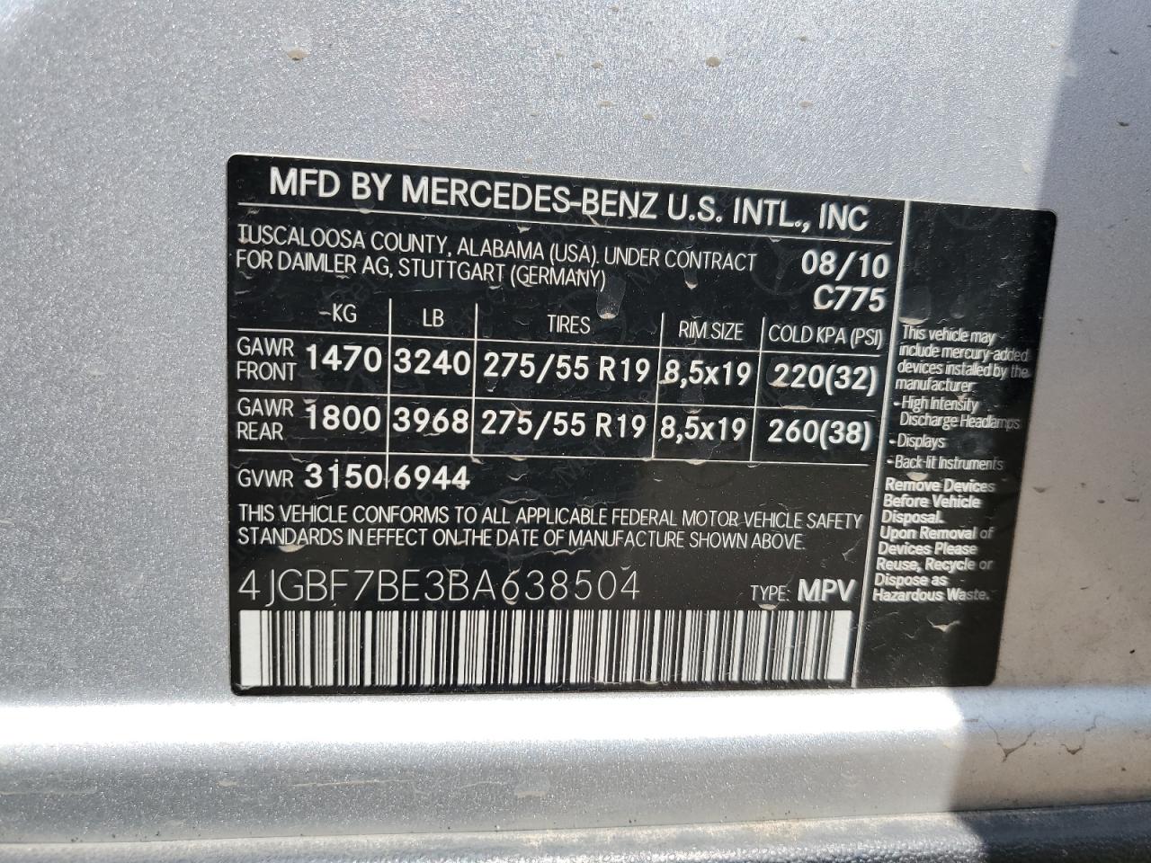 2011 Mercedes-Benz Gl 450 4Matic VIN: 4JGBF7BE3BA638504 Lot: 62951765