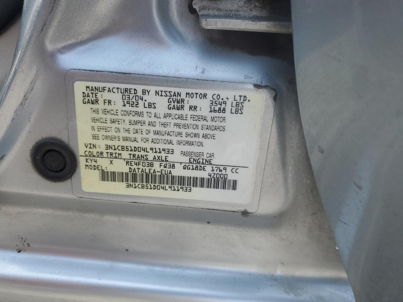 2004 Nissan Sentra 1.8 VIN: 3N1CB51D04L911933 Lot: 61857675