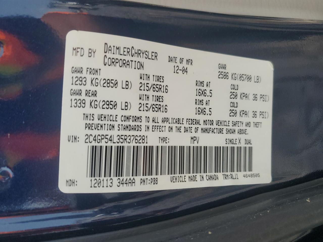 2005 Chrysler Town & Country Touring VIN: 2C4GP54L35R376281 Lot: 60508405